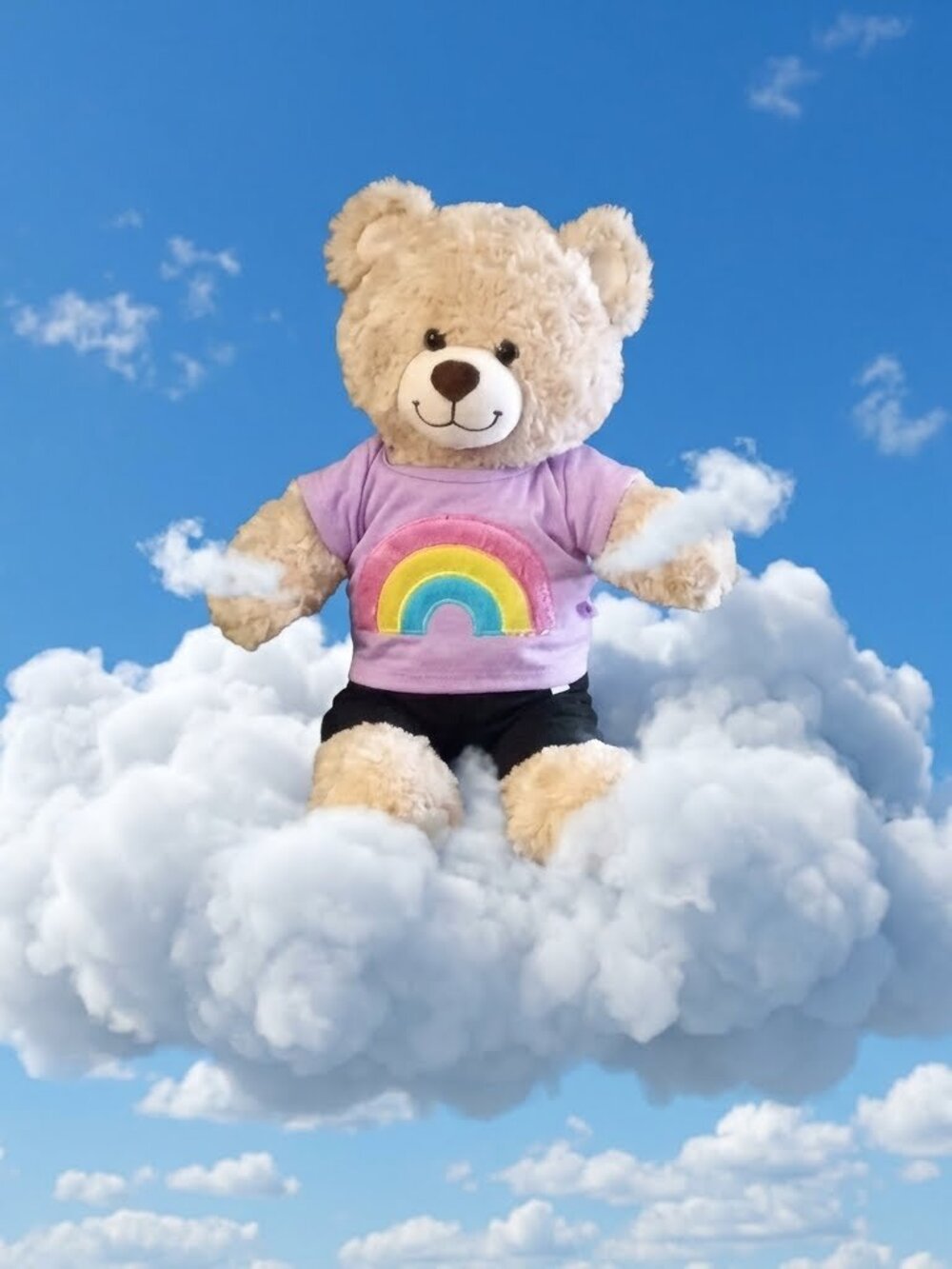 Build-A-Bear Happy Hugs Teddy Bear 16" with Purple Fuzzy Rainbow T-Shirt